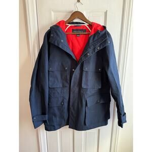 French Connection Men’s Navy Blue Hooded Field Jacket - Red Lining - Large - EUC